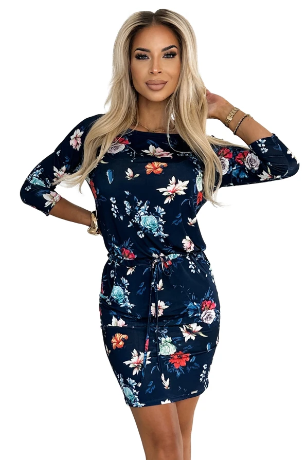 13-160 Sporty dress - colorful flowers on a dark blue background