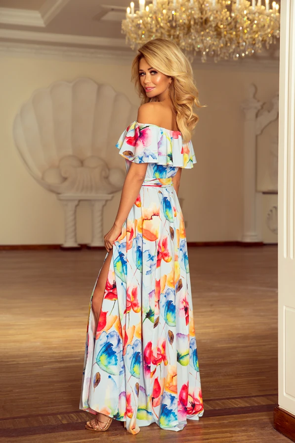 194-1 Long dress with frill - colorful painted flowers