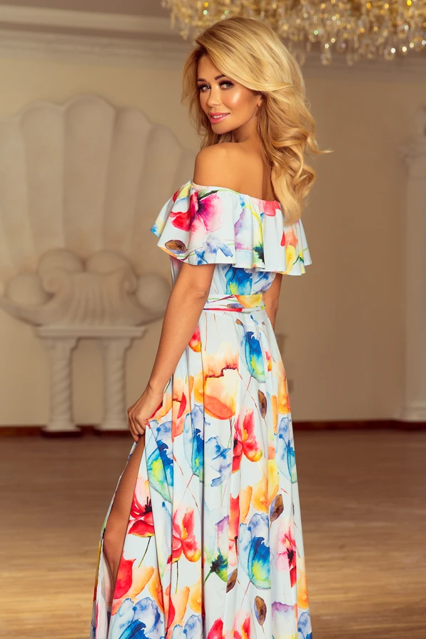 194-1 Long dress with frill - colorful painted flowers - Numoco Women's ...