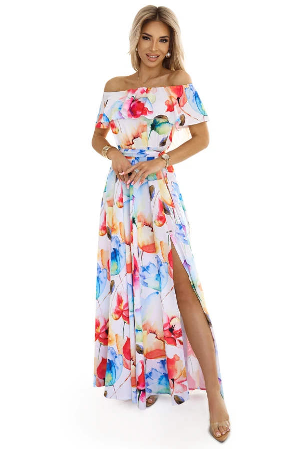 194-5 Long summer dress with a belt - colorful flower pattern 🌸