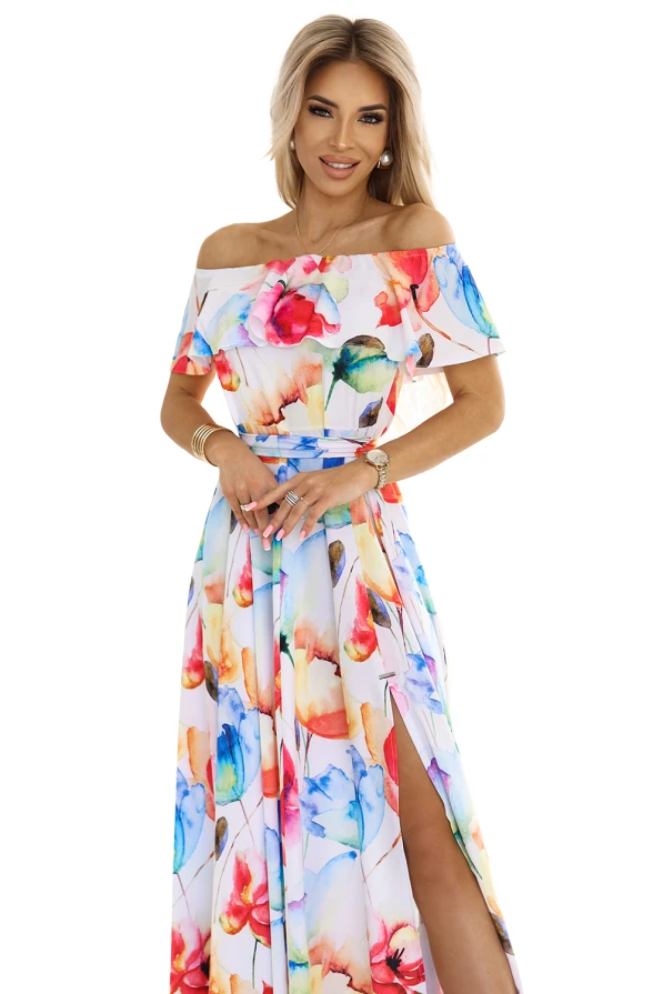 194-5 Long summer dress with a belt - colorful flower pattern 🌸