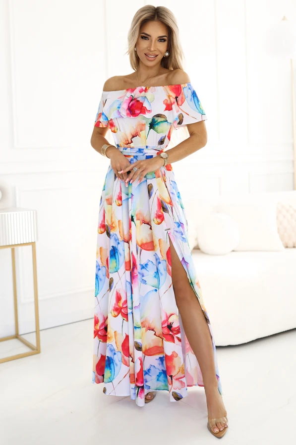 194-5 Long summer dress with a belt - colorful flower pattern 🌸