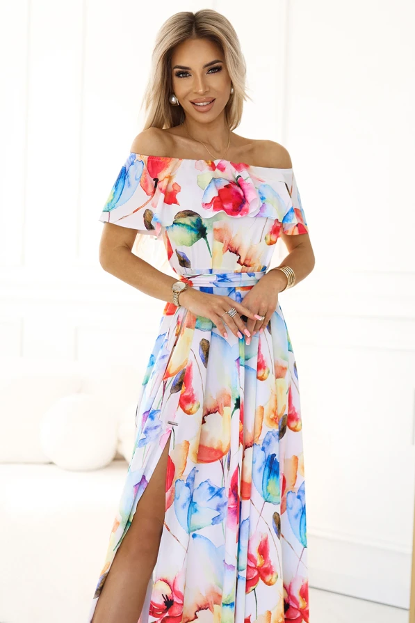 194-5 Long summer dress with a belt - colorful flower pattern 🌸