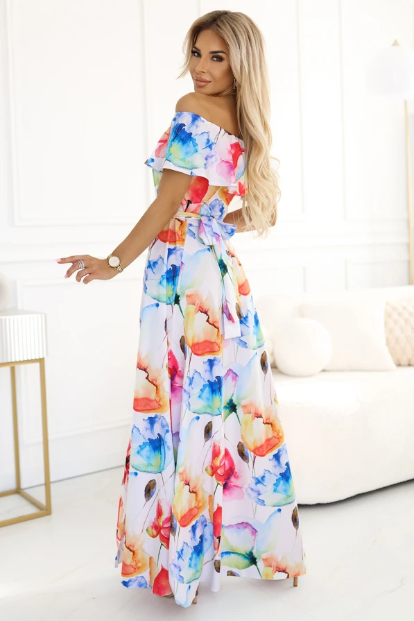 194-5 Long summer dress with a belt - colorful flower pattern 🌸