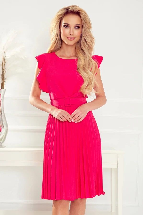 A vibrant pink pleated dress with ruffled sleeves and a matching belt accentuates the waist, creating an elegant silhouette. The dress is perfect for both casual and formal occasions, offering a stylish and feminine look.