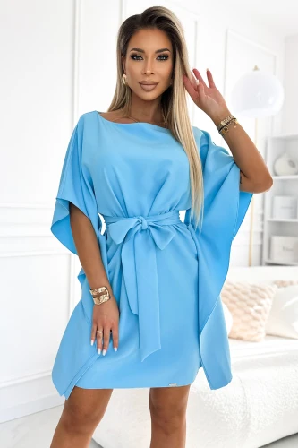 A stylish blue dress with a butterfly sleeve design, featuring a waist tie for a flattering silhouette. The dress is perfect for both casual and elegant occasions, offering a blend of comfort and sophistication.}