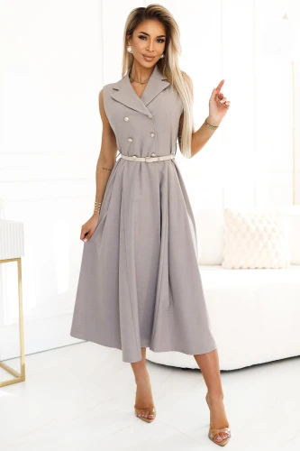 A sleeveless, elegant shirt dress in a soft gray color features a double-breasted design with a matching belt that accentuates the waist. The dress has a flowing, midi-length skirt, perfect for both formal and casual occasions.}
