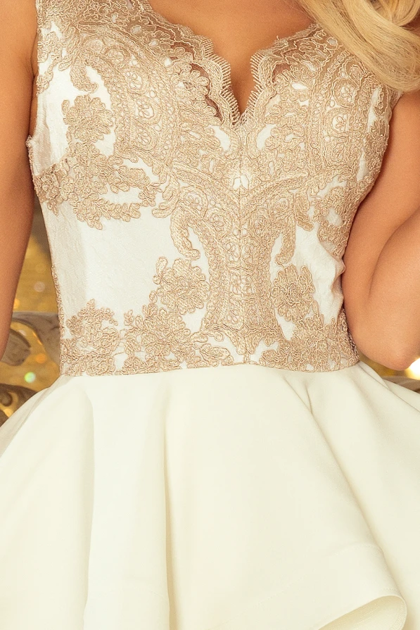 200-1 CHARLOTTE - Exclusive dress with lace neckline - gold / beige + ecru