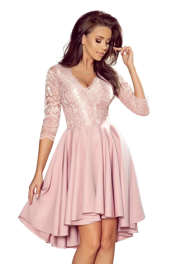 210-11 NICOLLE - dress with longer back with lace neckline - powder pink