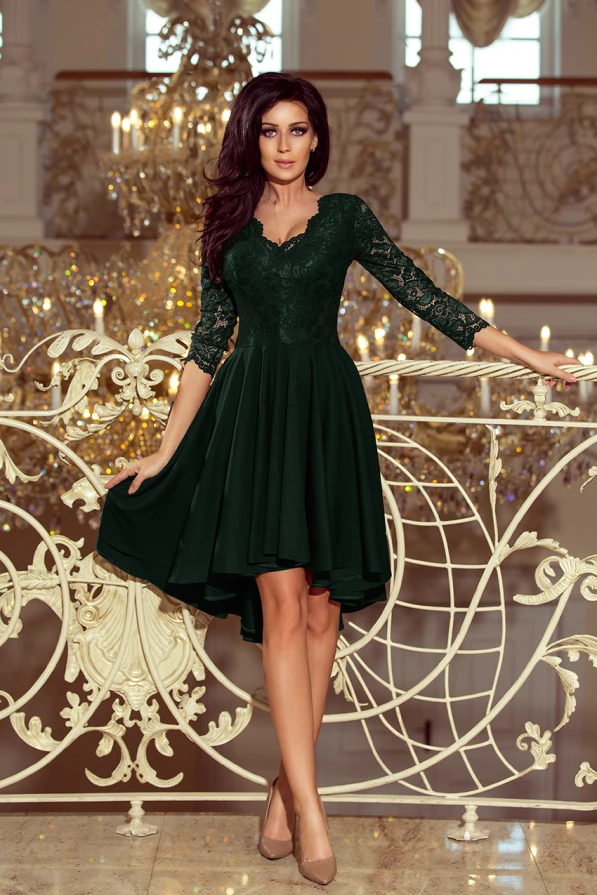 210-3 NICOLLE - dress with longer back with lace neckline - dark green