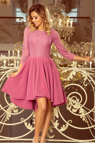 231-1 OLIVIA - asymmetrical dress with lace - burgundy color - Numoco EN