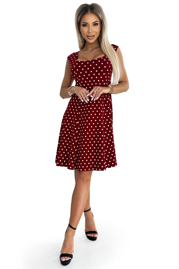 241-3 STELLA cotton dress with a diamond neckline - burgundy with polka dots