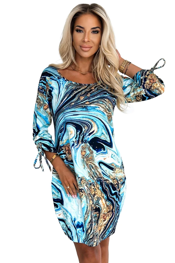 281-7 SOPHIE Comfortable dress with pockets Oversize - blue-gold waves