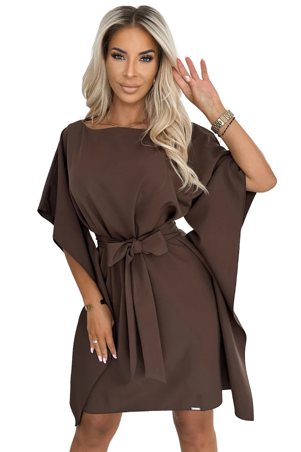 287-33 SOFIA Butterfly dress with a binding at the waist - chocolate color