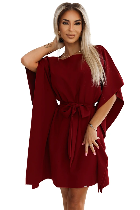 SOFIA Butterfly dress with a binding at the waist - Burgundy color