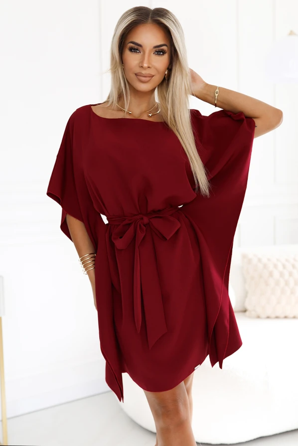 SOFIA Butterfly dress with a binding at the waist - Burgundy color