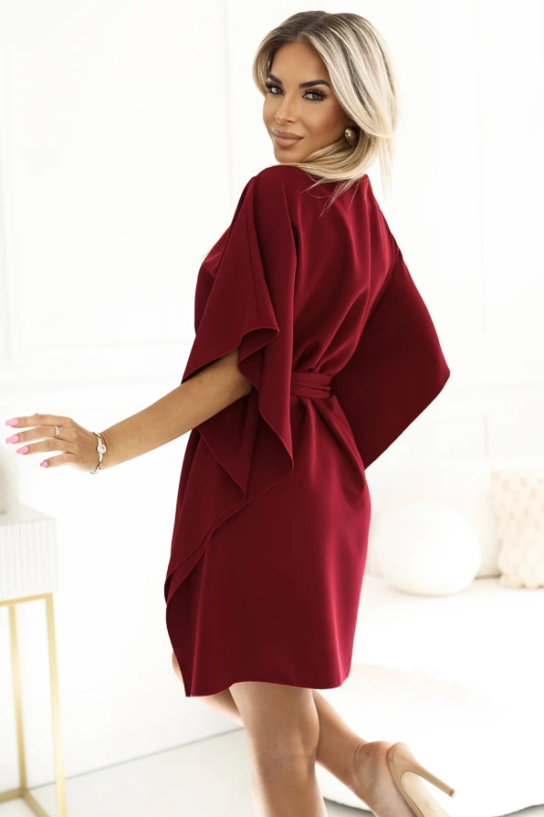 SOFIA Butterfly dress with a binding at the waist - Burgundy color