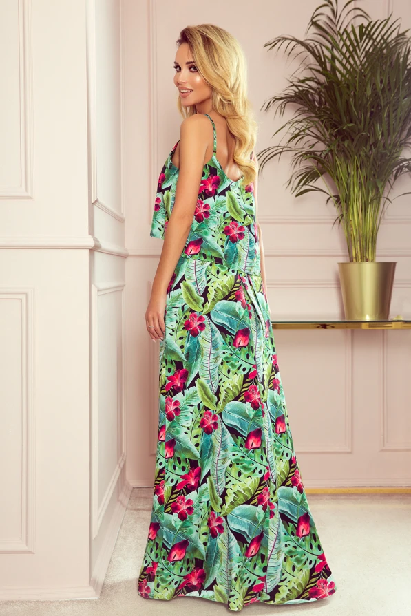 294-2 A long summer dress with straps - green leaves and pink flowers