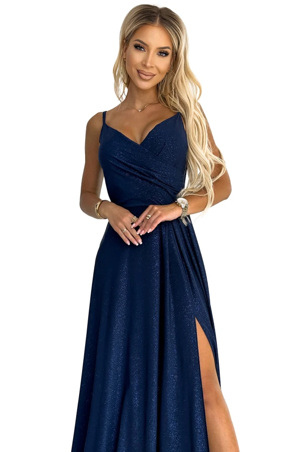 299-10 CHIARA elegant maxi dress with straps - dark blue with glitter