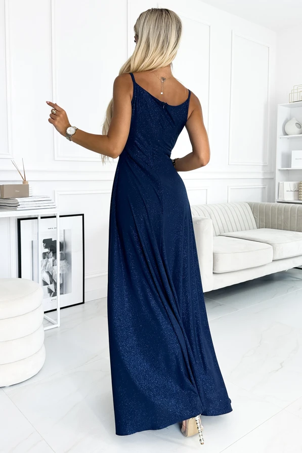 299-10 CHIARA elegant maxi dress with straps - dark blue with glitter