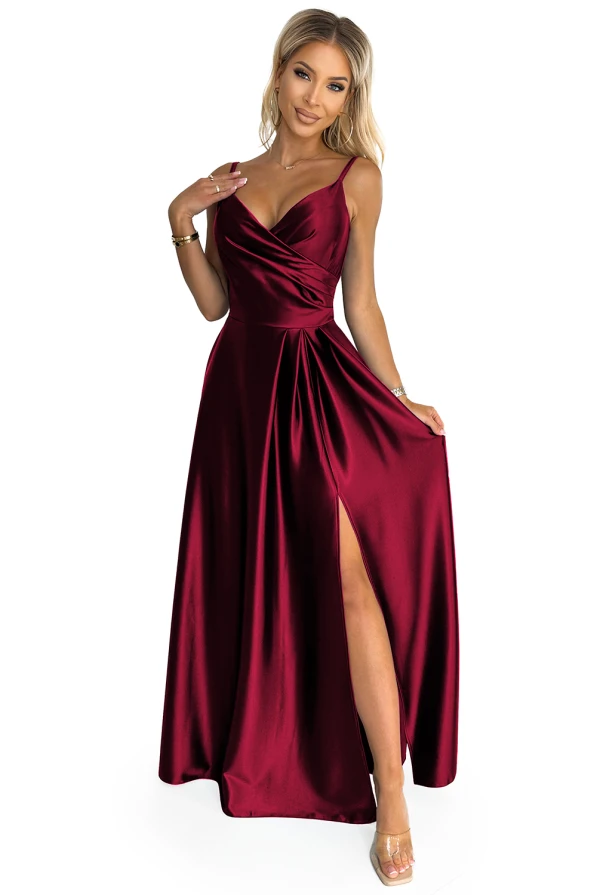 299-13 CHIARA elegant satin maxi dress with straps - Burgundy color