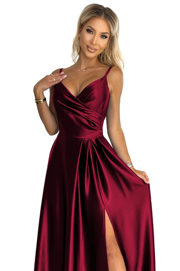 299-13 CHIARA elegant satin maxi dress with straps - Burgundy color