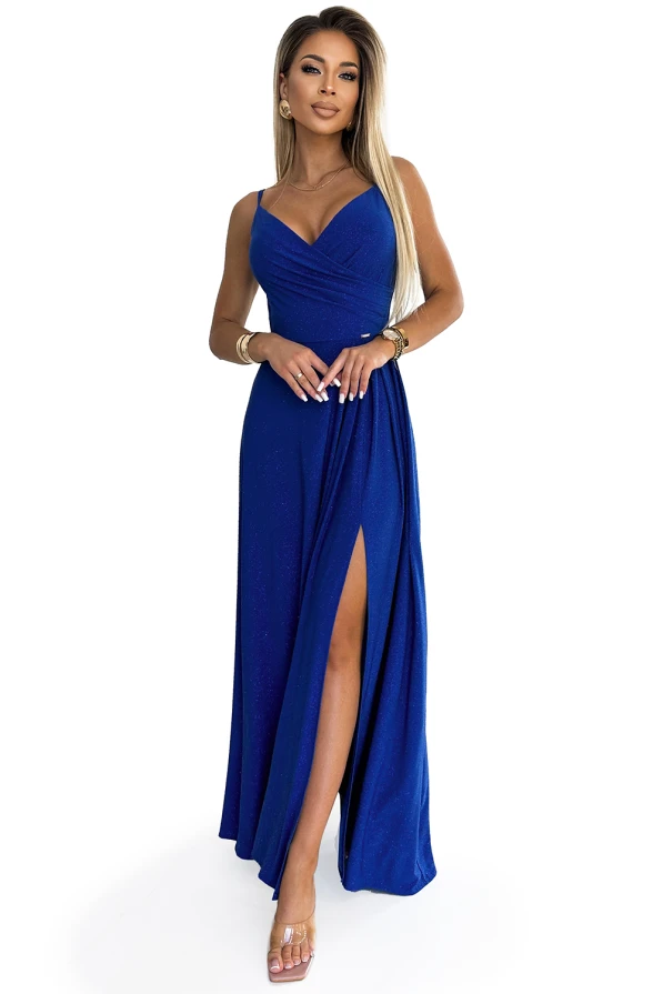 299-17 CHIARA elegant maxi dress with straps - blue with glitter