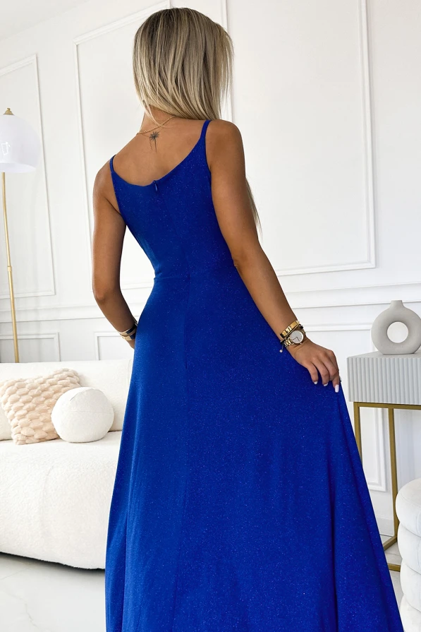 299-17 CHIARA elegant maxi dress with straps - blue with glitter