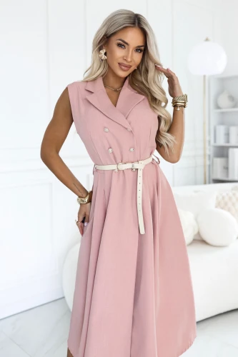 Powder pink midi shirt dress Numoco Basic with a collar, waist belt and flared skirt.}