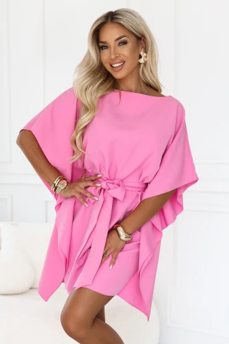 Sofia Numoco dress in candy pink, short butterfly style with wide sleeves and a waist tie, made in Poland.}
