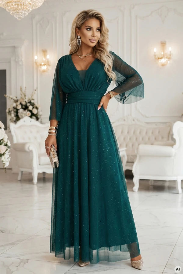 Elegancka zielona sukienka plus size maxi z połyskiem i dekoltem V – modelka prezentuje stylizację wieczorową Numoco.