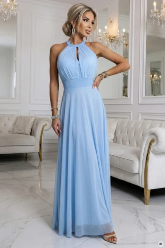 Model in light blue, airy halter-type maxi dress with cutout at neckline and defined waist. Perfect for wedding, ball or elegant dinner when you want to look feminine and classy.}