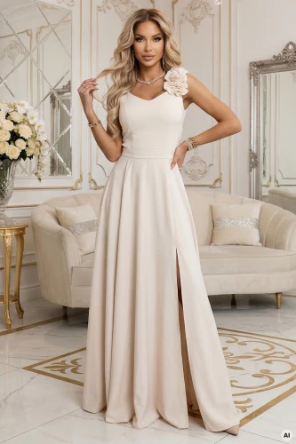 Long Beige Evening Dress with Flower at the Shoulder and Slit}