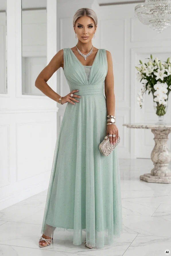 Pistachio Numoco Basic maxi dress in tulle with a subtle shimmer, V-neckline and waist tie, an elegant creation for weddings and receptions