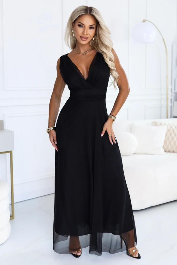 Black long evening dress Numoco Basic with a tulle skirt, wrap neckline and waist tie