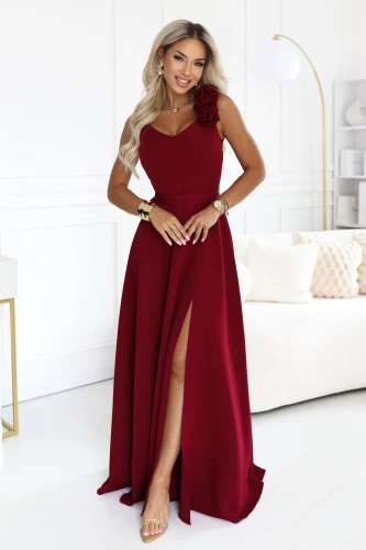 Burgundy Numoco maxi dress with a floral appliqué, slit and tie belt}