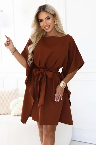 Cinnamon mini dress Sofia Numoco with wide sleeves and a tie belt at the waist}