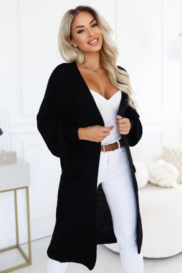 Black long women\'s cardigan Numoco Basic with wide sleeves, loose style with no fastening