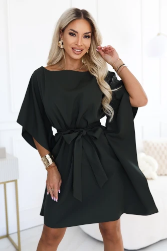 Dark khaki - Numoco mini dress with wide kimono sleeves and a tie belt at the waist}