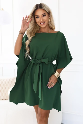 Emerald green Sofia mini dress, butterfly-style, with a waist belt, Numoco}