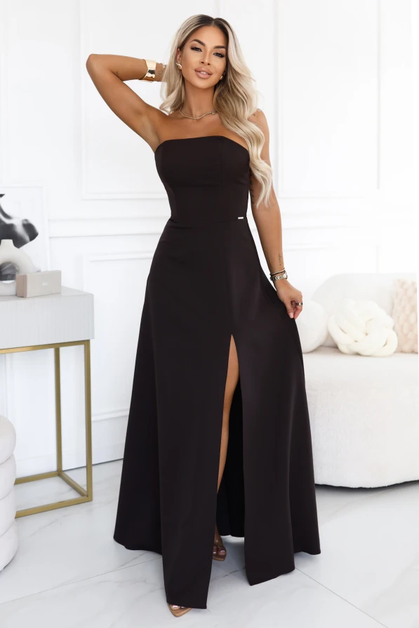 Chocolate brown corset maxi dress ELARA by Numoco, strapless, with a high slit