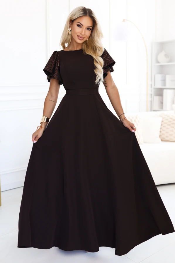 Chocolate brown maxi dress Mirella Numoco with sequin sleeves, a flared hem and a waist tie, Polish production