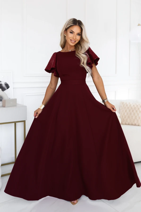 Burgundy long evening dress Mirella Numoco with sequin sleeves, a flared hem and an accentuated waist