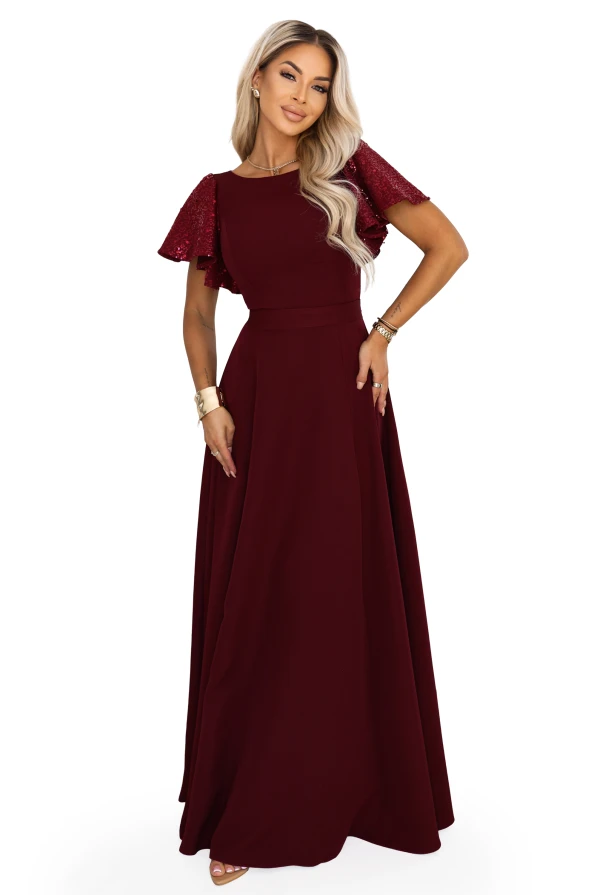 Burgundy long evening dress Mirella Numoco with sequin sleeves, a flared hem and an accentuated waist