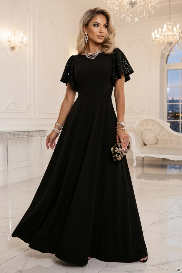Model wearing a black Mirella maxi dress by Numoco with a flared hem, short sequin sleeves and a waist tie.