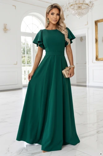 Model wearing the Mirella maxi dress by Numoco in bottle green, with a flared bottom, short wavy sleeves and an accentuated waist.}
