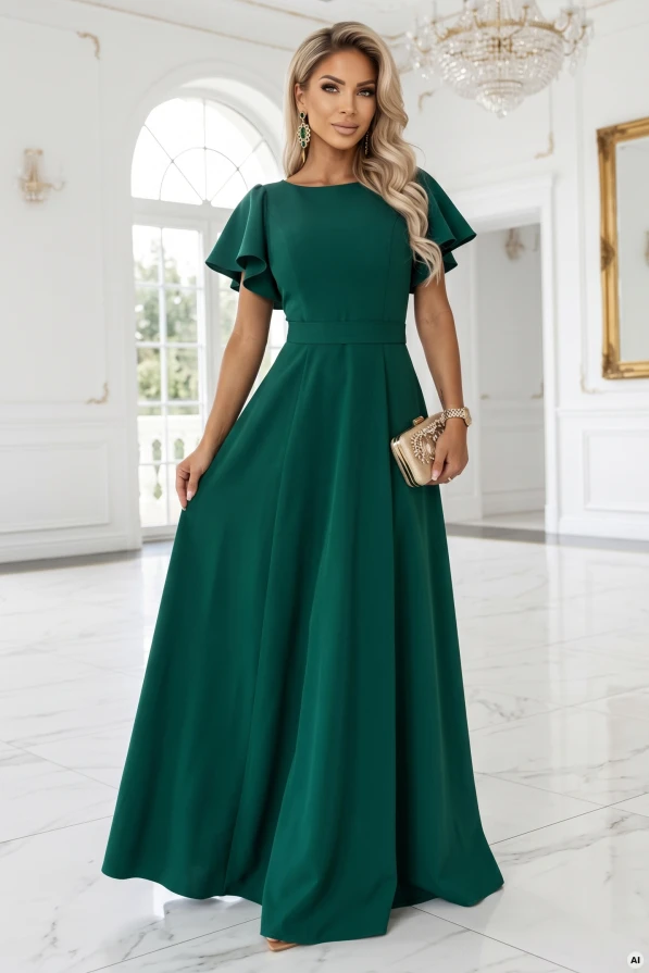 Model wearing the Mirella maxi dress by Numoco in bottle green, with a flared bottom, short wavy sleeves and an accentuated waist.