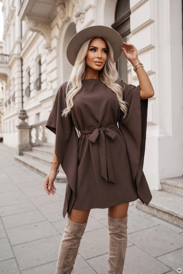 Model wearing the SOFIA dress by Numoco in a mocha brown shade. The dress reaches just above the knee, with a boat neckline, wide butterfly sleeves and a belt tied at the waist in a bow.