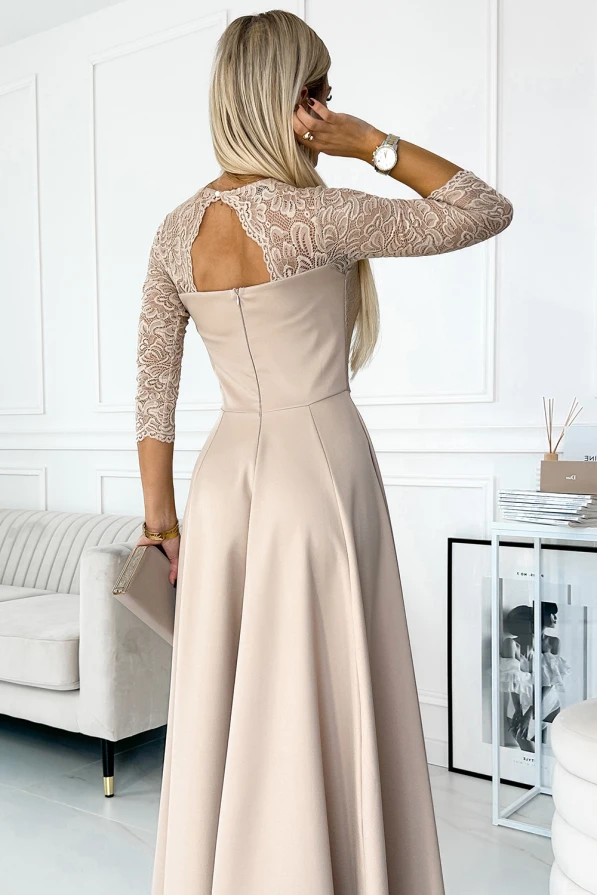 309-10 AMBER lace, elegant long dress with a neckline and leg slit - beige