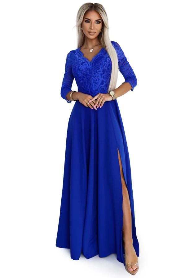 309-12 AMBER elegant lace long dress with a neckline - Royal blue